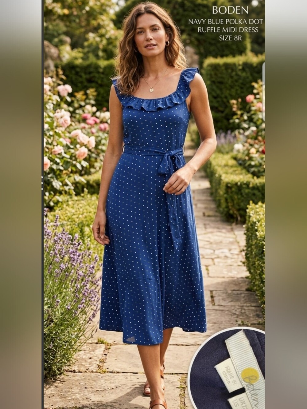 Boden - Navy Blue Polka Dot Ruffle Midi Dress - Size 8